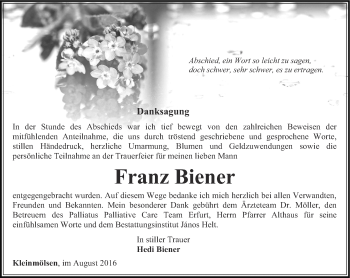 Traueranzeige von Franz Biener von Thüringer Allgemeine, Thüringische Landeszeitung