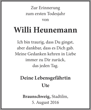 Traueranzeige von Willi Heunemann von Thüringer Allgemeine