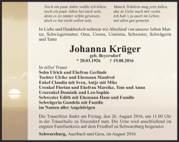 Traueranzeige von Johanna Krüger von Ostthüringer Zeitung