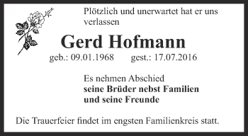 Traueranzeige von Gerd Hofmann