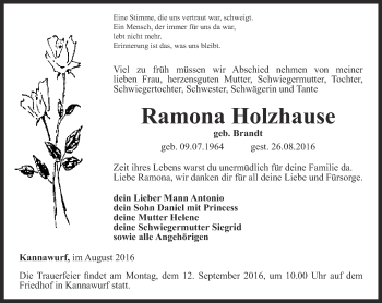 Traueranzeige von Ramona Holzhause von Thüringer Allgemeine
