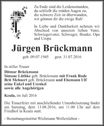 Traueranzeige von Jürgen Brückmann von Thüringer Allgemeine