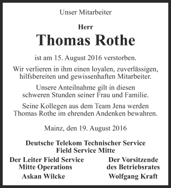 Traueranzeige von Thomas Rothe von Ostthüringer Zeitung