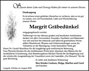 Traueranzeige von Margrit Gräbedünkel von Thüringer Allgemeine, Thüringische Landeszeitung