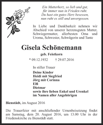 Traueranzeige von Gisela Schönemann von Thüringer Allgemeine, Thüringische Landeszeitung