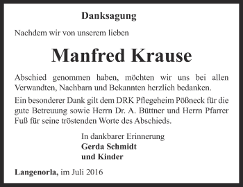 Traueranzeige von Manfred Krause von Ostthüringer Zeitung