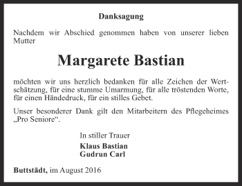 Traueranzeige von Margarete Bastian von Thüringer Allgemeine