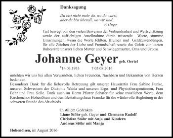 Traueranzeige von Johanne Geyer von Ostthüringer Zeitung