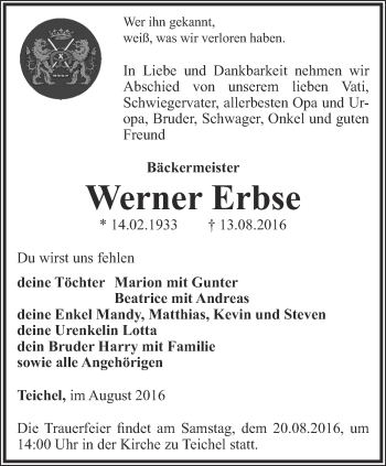Traueranzeige von Werner Erbse von Ostthüringer Zeitung