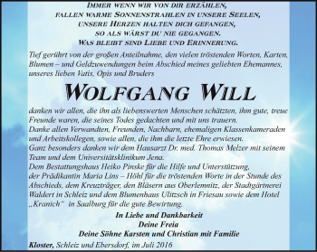 Traueranzeige von Wolfgang Will von Ostthüringer Zeitung
