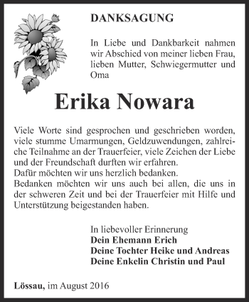 Traueranzeige von Erika Nowara von Ostthüringer Zeitung