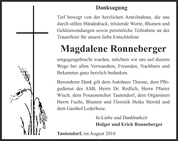 Traueranzeige von Magdalene Ronneberger von Ostthüringer Zeitung