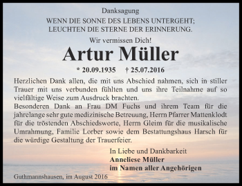 Traueranzeige von Artur Müller von Thüringer Allgemeine