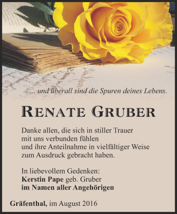 Traueranzeige von Renate Gruber von Ostthüringer Zeitung
