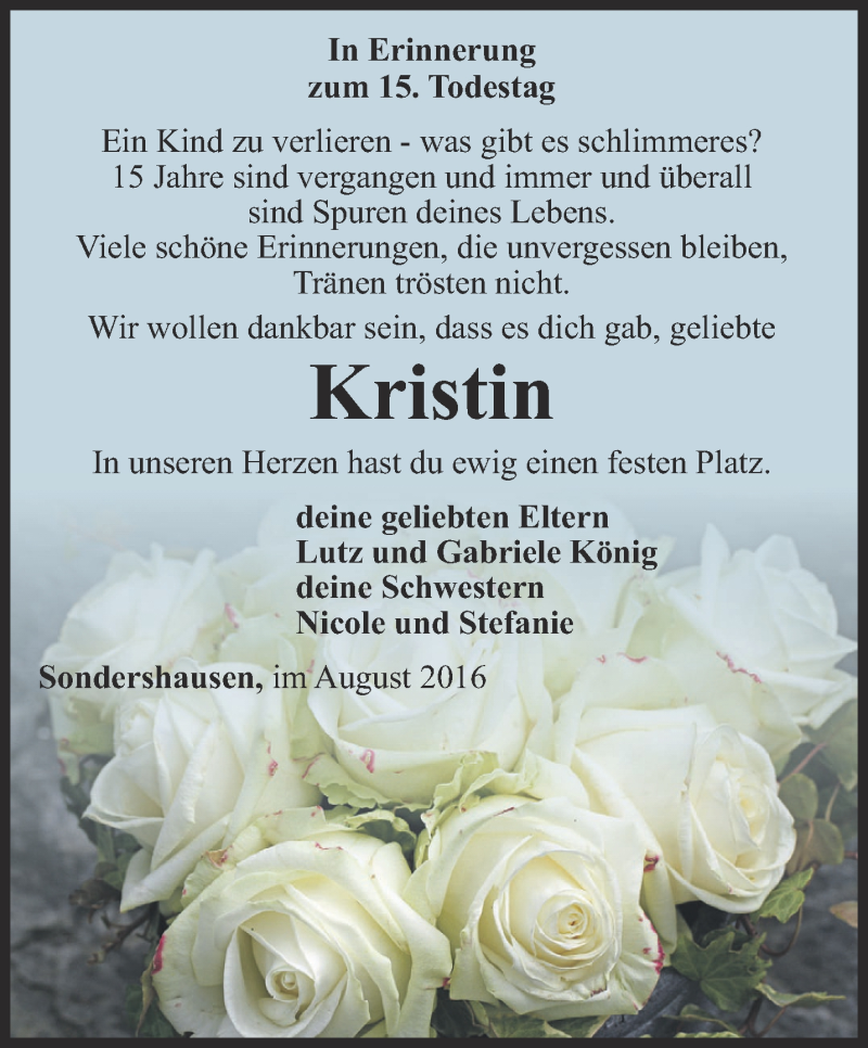  Traueranzeige für Kristin König vom 24.08.2016 aus Thüringer Allgemeine