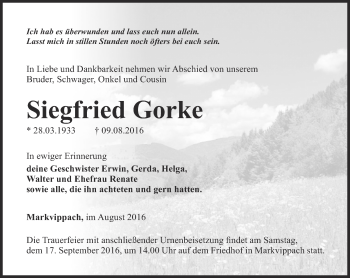 Traueranzeige von Siegfried Gorke von Thüringer Allgemeine