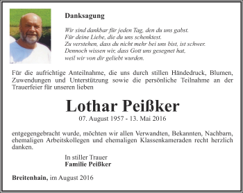 Traueranzeige von Lothar Peißker von Ostthüringer Zeitung