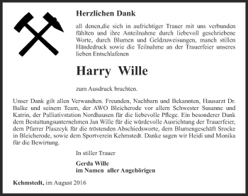 Traueranzeige von Harry Wille von Thüringer Allgemeine