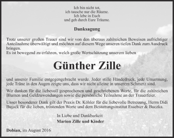 Traueranzeige von Günther Zille von Ostthüringer Zeitung