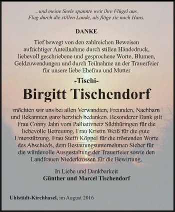 Traueranzeige von Birgitt Tischendorf von Ostthüringer Zeitung, Thüringische Landeszeitung