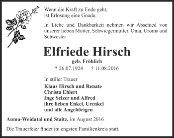 Traueranzeige von Elfriede Hirsch von Ostthüringer Zeitung