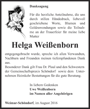 Traueranzeige von Helga Weißenborn von Thüringer Allgemeine, Thüringische Landeszeitung