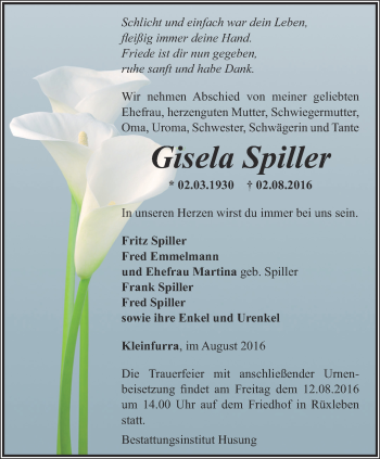 Traueranzeige von Gisela Spiller von Thüringer Allgemeine