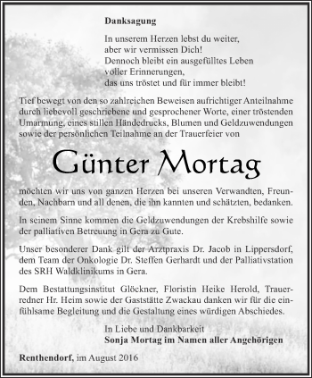 Traueranzeige von Günter Mortag von Ostthüringer Zeitung, Thüringische Landeszeitung