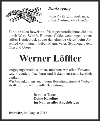 Traueranzeige von Werner Löffler von Ostthüringer Zeitung