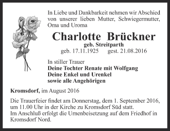 Traueranzeige von Charlotte Brückner von Thüringer Allgemeine, Thüringische Landeszeitung