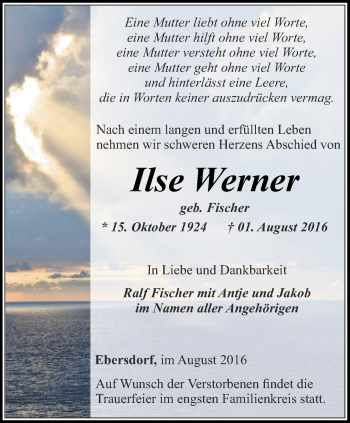 Traueranzeige von Ilse Werner von Ostthüringer Zeitung