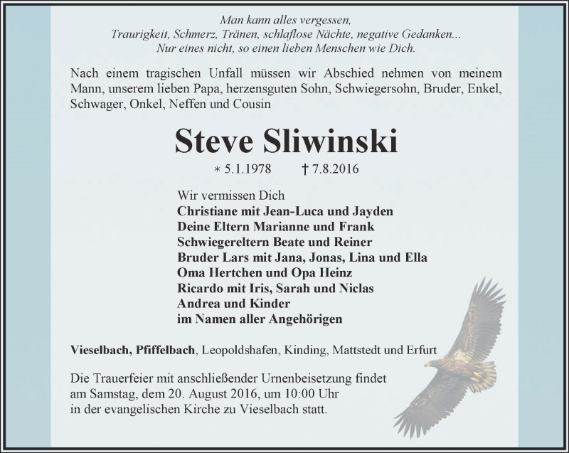  Traueranzeige für Steve Sliwinski vom 13.08.2016 aus Thüringer Allgemeine, Thüringische Landeszeitung