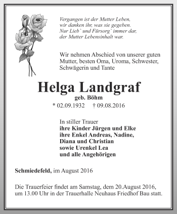 Traueranzeige von Helga Landgraf von Ostthüringer Zeitung