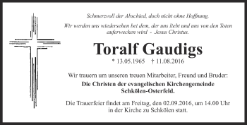 Traueranzeige von Toralf Gaudigs von Ostthüringer Zeitung