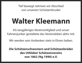 Traueranzeige von Walter Kleemann von Thüringer Allgemeine