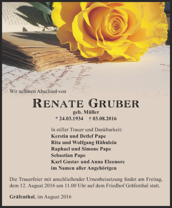 Traueranzeige von Renate Gruber von Ostthüringer Zeitung