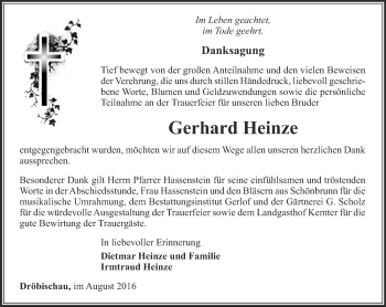 Traueranzeige von Gerhard Heinze von Ostthüringer Zeitung