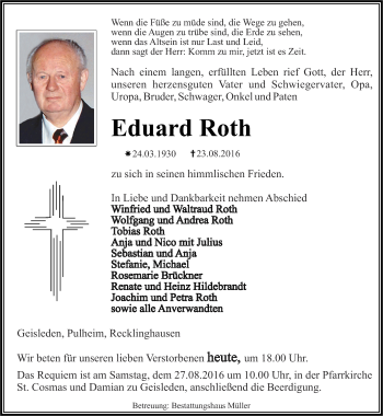 Traueranzeige von Eduard Roth von Thüringer Allgemeine