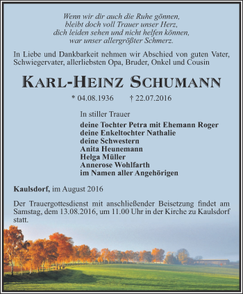 Traueranzeige von Karl-Heinz Schumann von Ostthüringer Zeitung