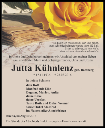 Traueranzeige von Jutta Kühnlenz von Ostthüringer Zeitung, Thüringische Landeszeitung