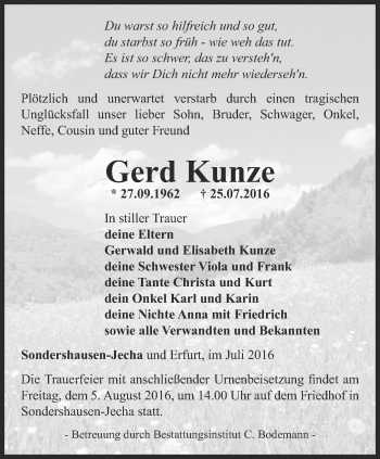 Traueranzeige von Gerd Kunze von Thüringer Allgemeine