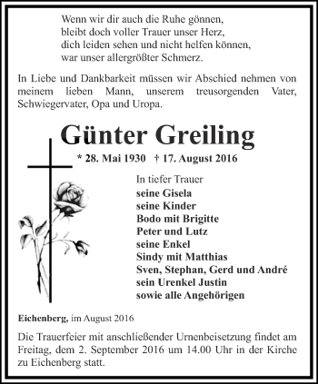 Traueranzeige von Günter Greiling von Ostthüringer Zeitung, Thüringische Landeszeitung