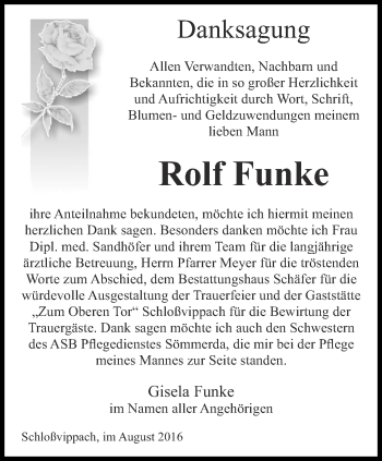 Traueranzeige von Rolf Funke  von Thüringer Allgemeine