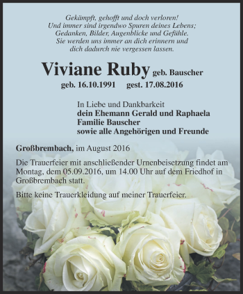 Traueranzeige von Viviane Ruby von Thüringer Allgemeine