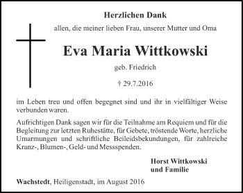 Traueranzeige von Eva Maria Wittkowski von Thüringer Allgemeine