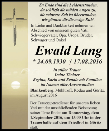 Traueranzeige von Ewald Lang von Ostthüringer Zeitung