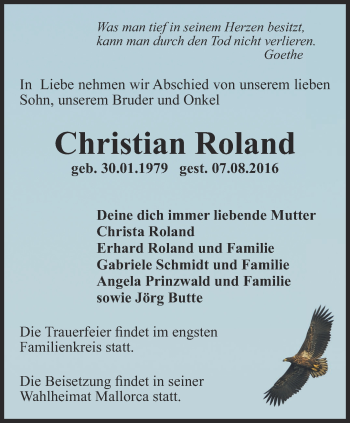 Traueranzeige von Christian Roland von Thüringer Allgemeine, Thüringische Landeszeitung