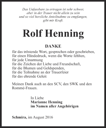 Traueranzeige von Rolf Henning von Thüringer Allgemeine, Thüringische Landeszeitung