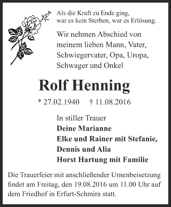 Traueranzeige von Rolf Henning von Thüringer Allgemeine, Thüringische Landeszeitung