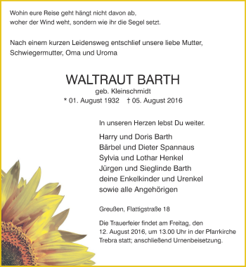 Traueranzeige von Waltraut Barth von Thüringer Allgemeine